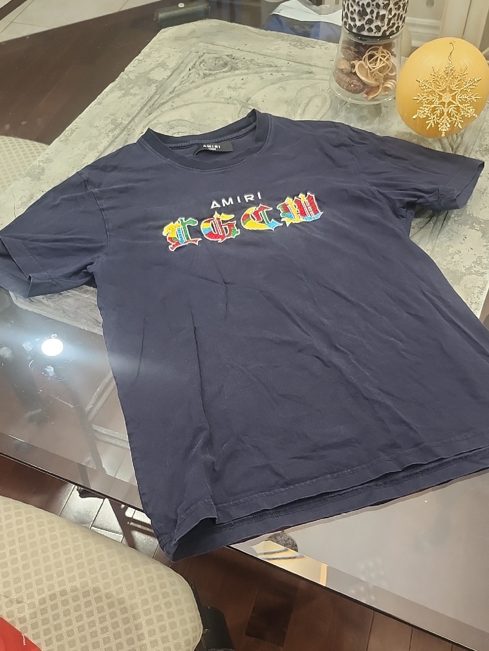 Amiri Embroidered Large Navy Crew Neck Tee Shirt